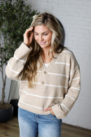 Rive Oversized V-Neck Striped Sweater - Taupe