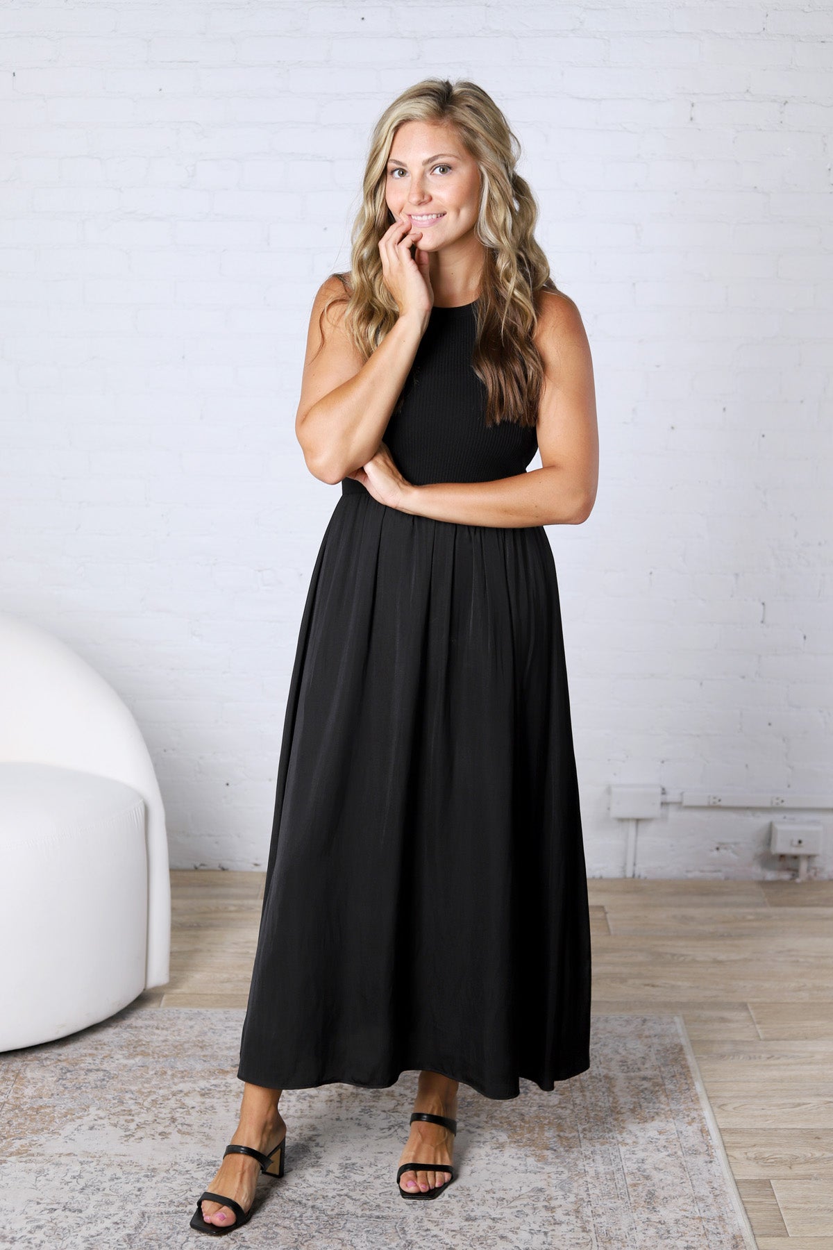 Romi Knit Mixed Media Midi Dress - Black