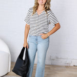 Romilly Button Front Textured Waffle Stripe Knit Top