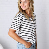 Romilly Button Front Textured Waffle Stripe Knit Top