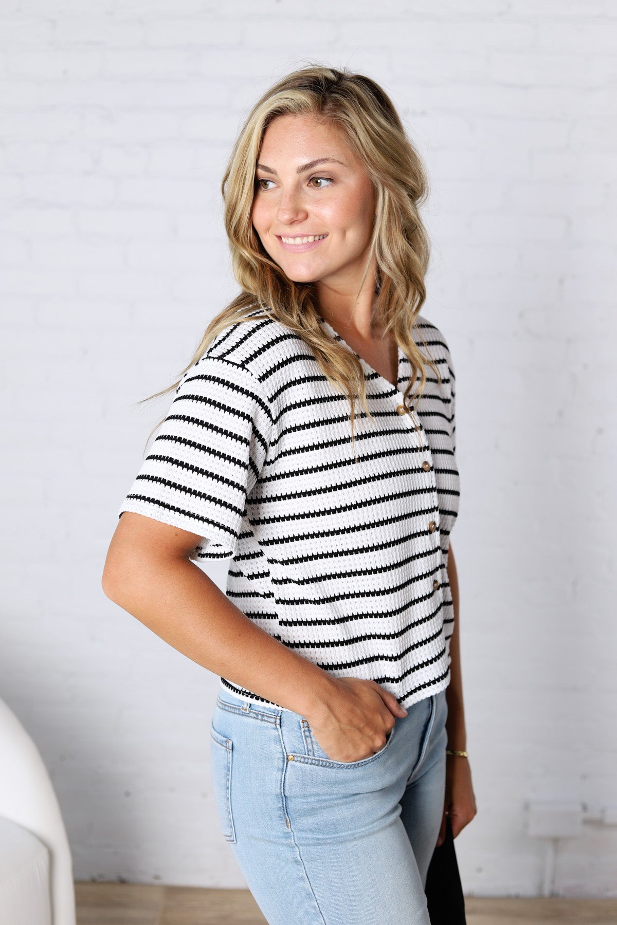 Romilly Button Front Textured Waffle Stripe Knit Top