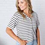 Romilly Button Front Textured Waffle Stripe Knit Top