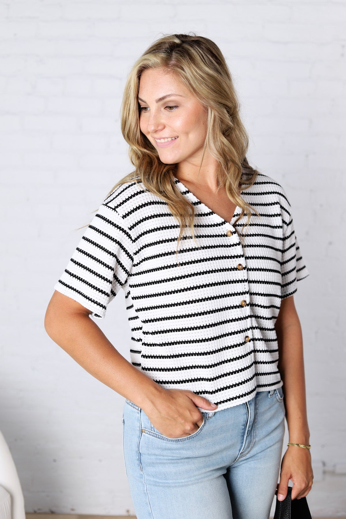 Romilly Button Front Textured Waffle Stripe Knit Top