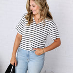 Romilly Button Front Textured Waffle Stripe Knit Top