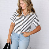Romilly Button Front Textured Waffle Stripe Knit Top