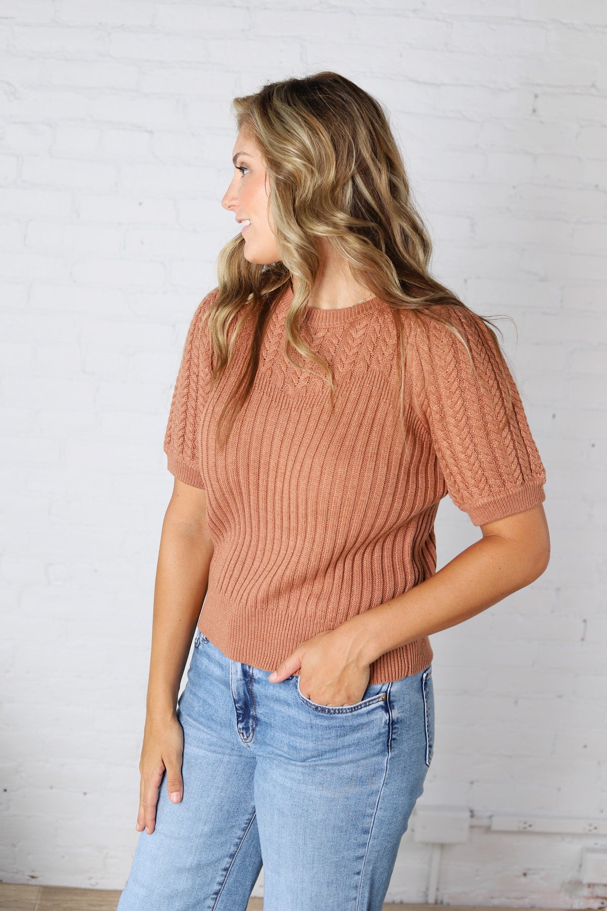 Rosalind Puff Sleeve Cable Sweater - Brick