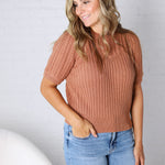 Rosalind Puff Sleeve Cable Sweater - Brick