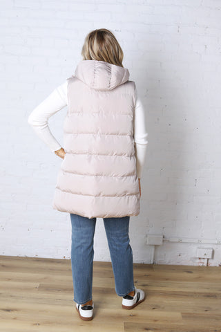 Roswen Hooded Zipper Longline Puffer Vest - Beige