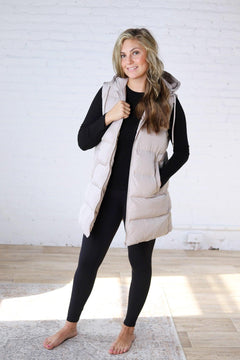 Roswen Hooded Zipper Longline Puffer Vest - Beige