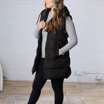 Roswen Hooded Zipper Longline Puffer Vest - Black