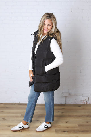 Roswen Hooded Zipper Longline Puffer Vest - Black