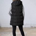 Roswen Hooded Zipper Longline Puffer Vest - Black