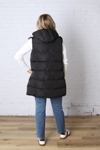 Roswen Hooded Zipper Longline Puffer Vest - Black