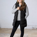 Roswen Hooded Zipper Longline Puffer Vest - Black