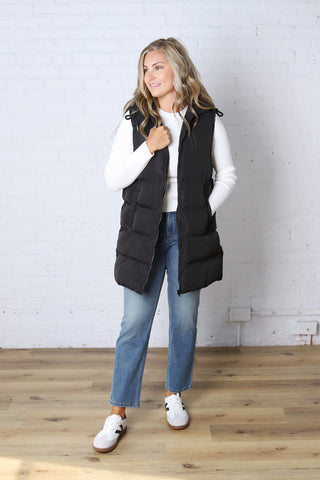 Roswen Hooded Zipper Longline Puffer Vest - Black