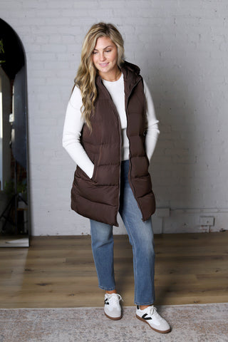 Roswen Hooded Zipper Longline Puffer Vest - Chocolate