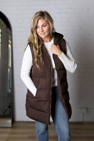 Roswen Hooded Zipper Longline Puffer Vest - Chocolate