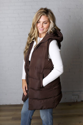 Roswen Hooded Zipper Longline Puffer Vest - Chocolate