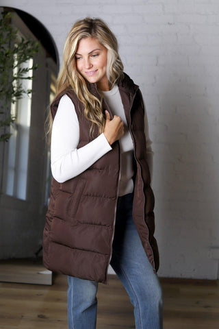 Roswen Hooded Zipper Longline Puffer Vest - Chocolate