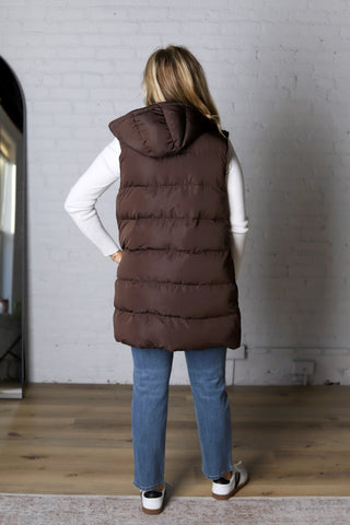 Roswen Hooded Zipper Longline Puffer Vest - Chocolate