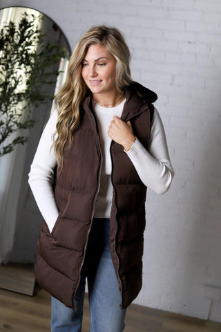 Roswen Hooded Zipper Longline Puffer Vest - Chocolate