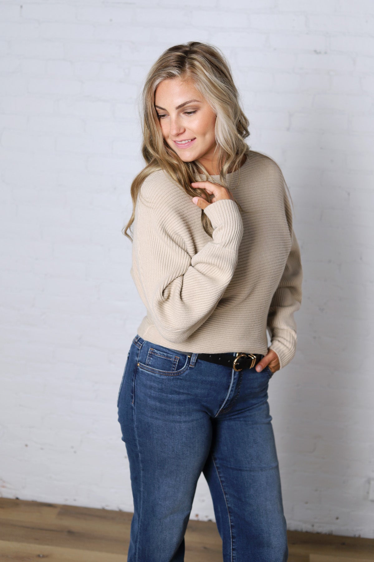 Rumi Ribbed Dolman Sleeve Sweater - Beige