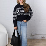Runa Snowflake Deer Cable Knit Pullover - Navy