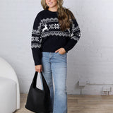 Runa Snowflake Deer Cable Knit Pullover - Navy