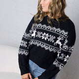 Runa Snowflake Deer Cable Knit Pullover - Navy