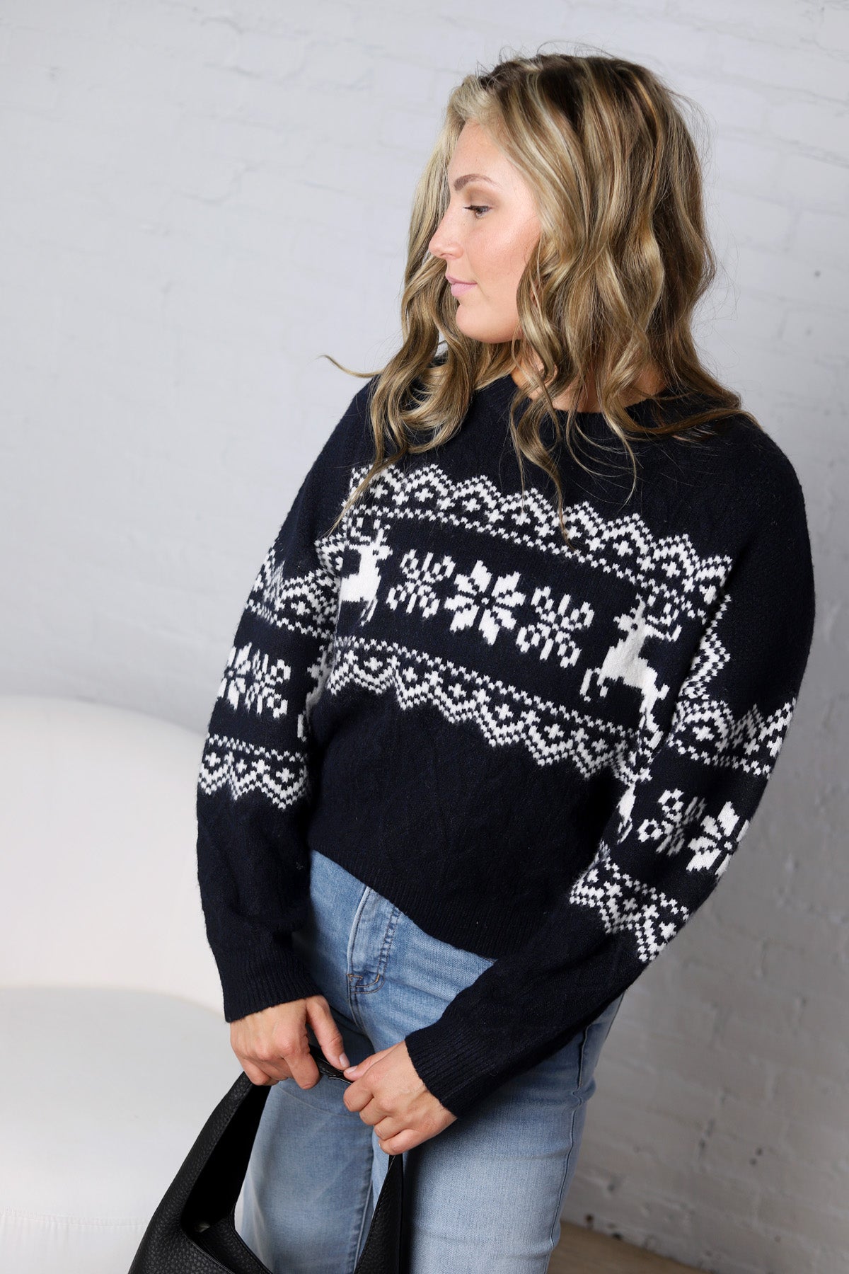 Runa Snowflake Deer Cable Knit Pullover - Navy