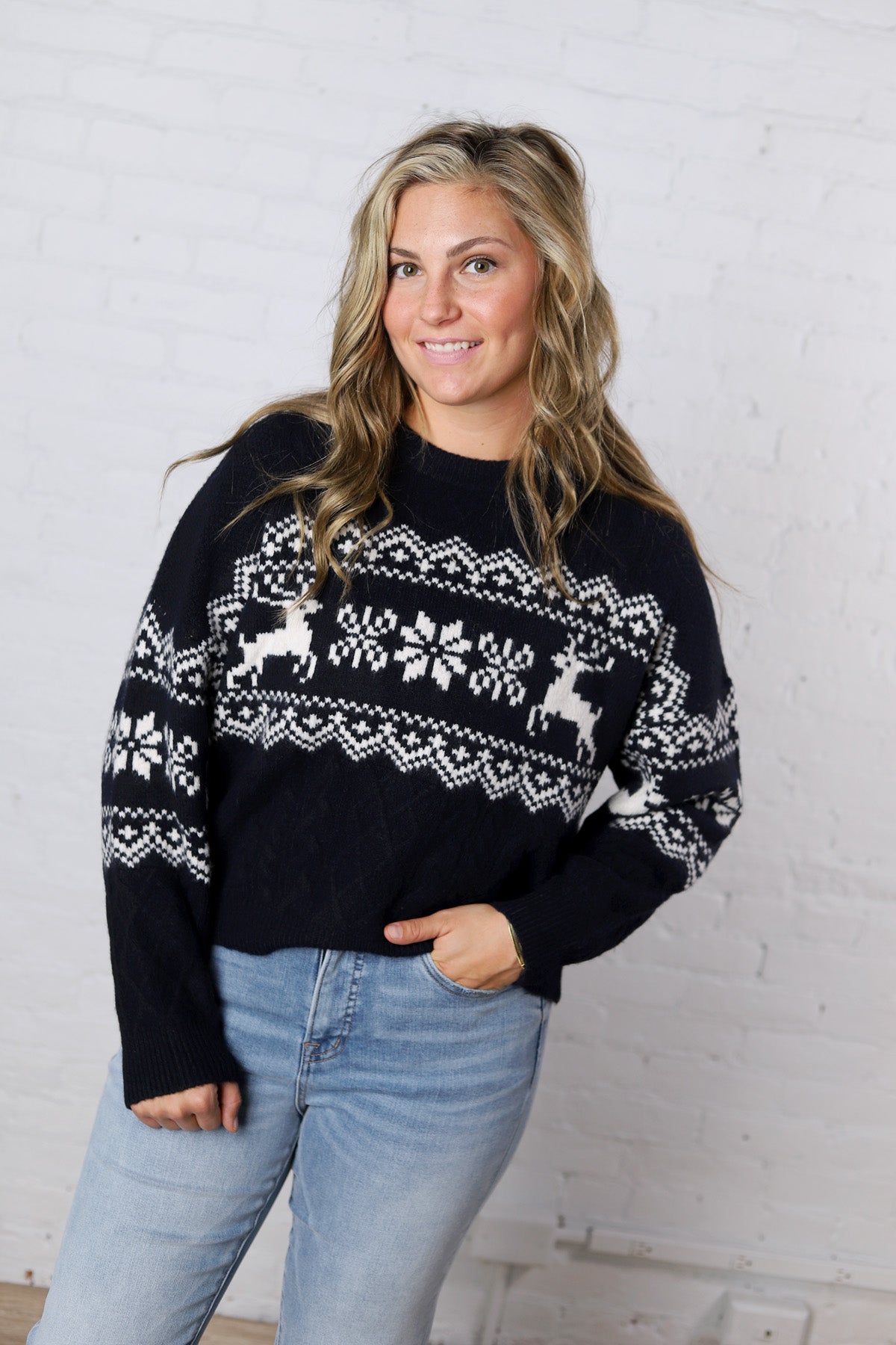 Runa Snowflake Deer Cable Knit Pullover - Navy FINAL SALE
