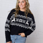 Runa Snowflake Deer Cable Knit Pullover - Navy