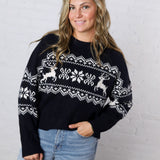 Runa Snowflake Deer Cable Knit Pullover - Navy