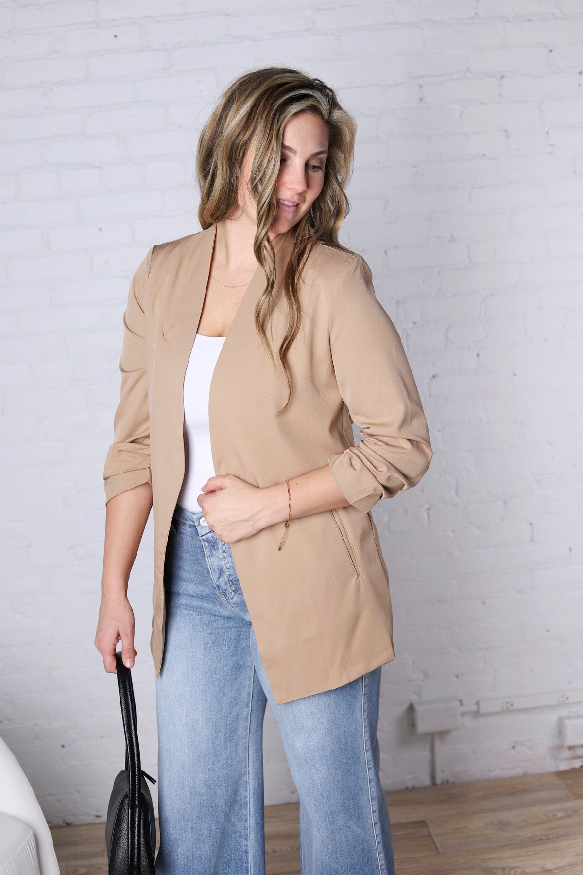 Ruthie Collarless Ruched Sleeve Longline Blazer