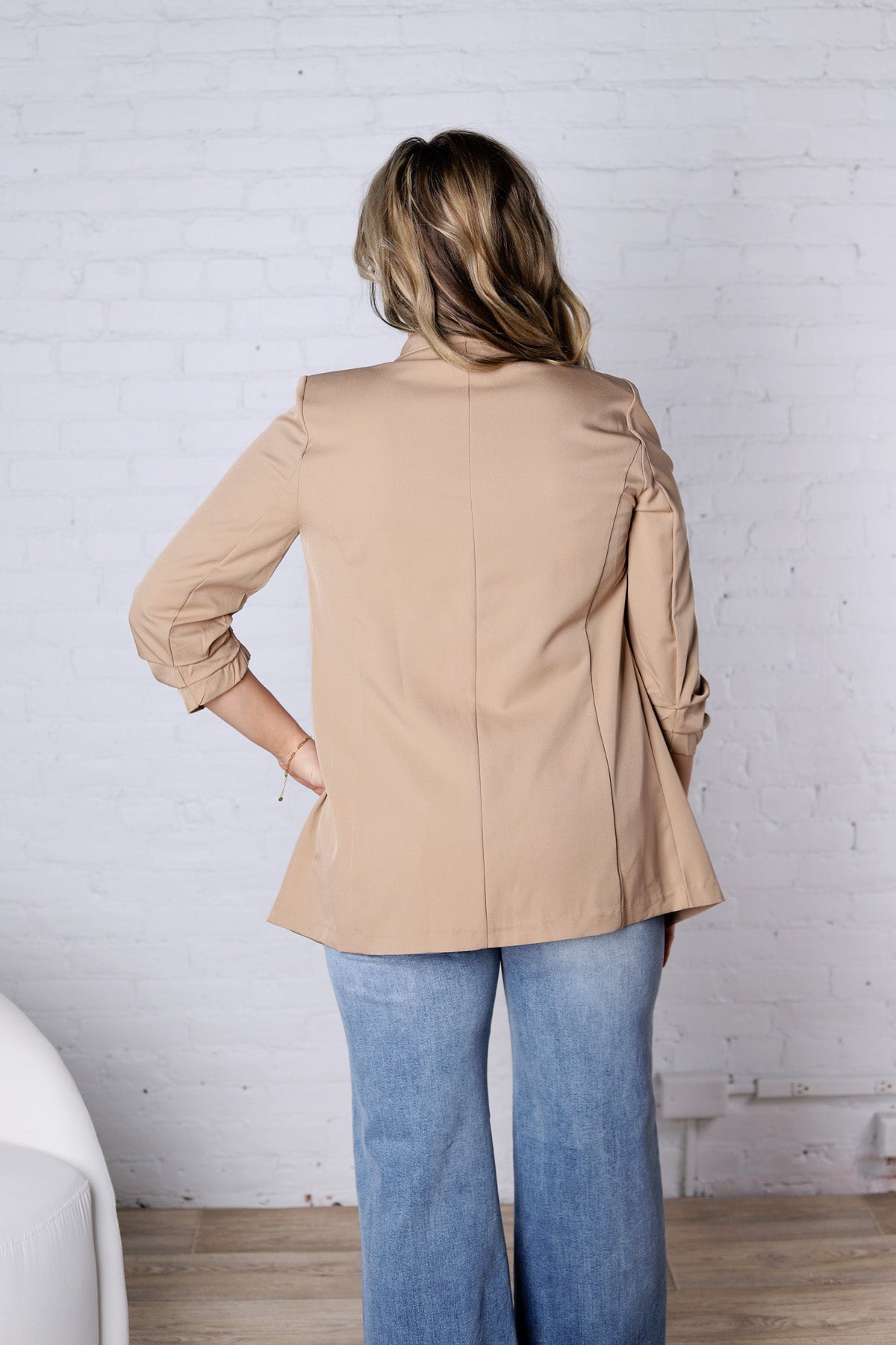 Ruthie Collarless Ruched Sleeve Longline Blazer