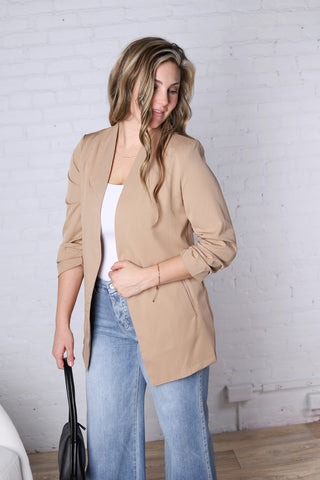 Ruthie Collarless Ruched Sleeve Longline Blazer FINAL SALE