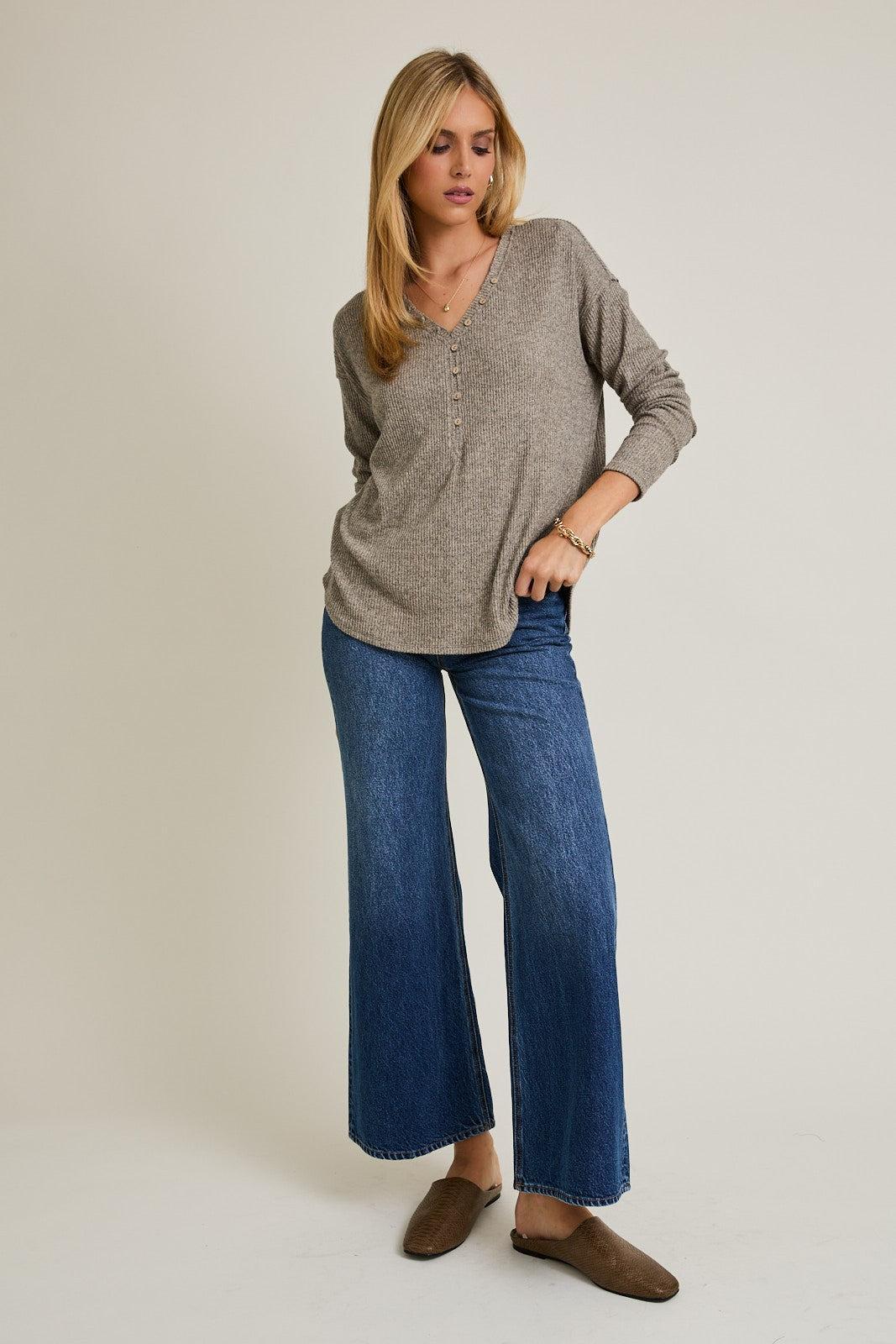 Rynn V-Neck Button Up Top - Taupe