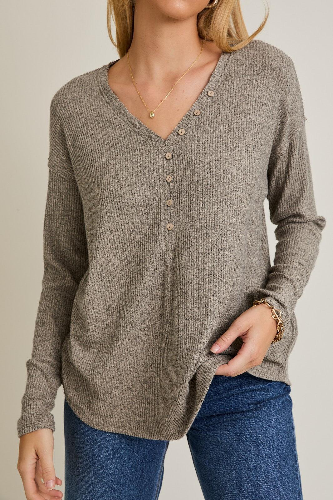 Rynn V-Neck Button Up Top - Taupe