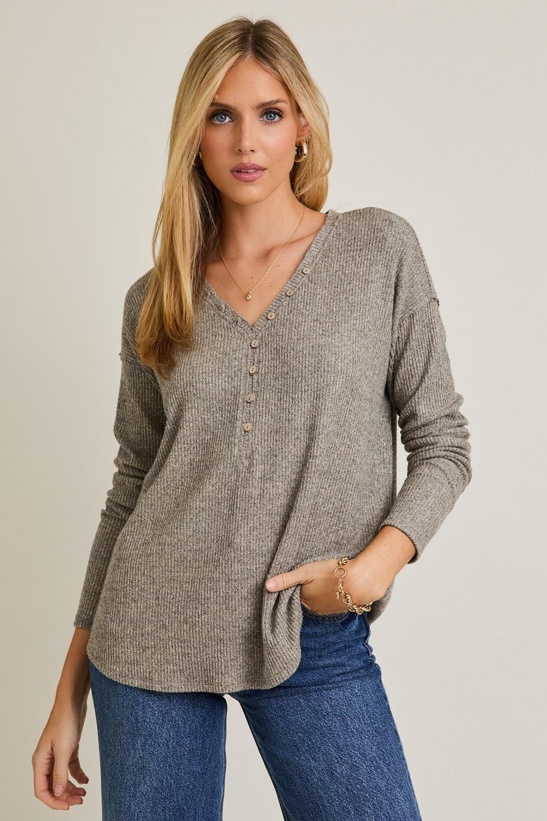 Rynn V-Neck Button Up Top - Taupe
