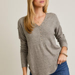 Rynn V-Neck Button Up Top - Taupe