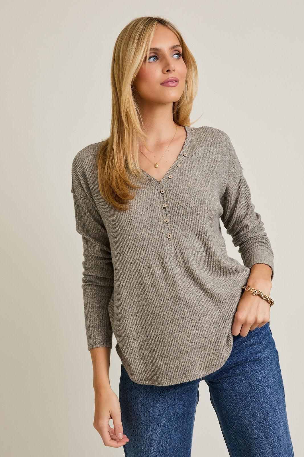 Rynn V-Neck Button Up Top - Taupe