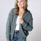 Sable Chunky Ribbed Knit Raw Seam Cardigan - Emerald Blue