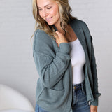 Sable Chunky Ribbed Knit Raw Seam Cardigan - Emerald Blue
