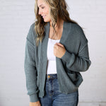 Sable Chunky Ribbed Knit Raw Seam Cardigan - Emerald Blue