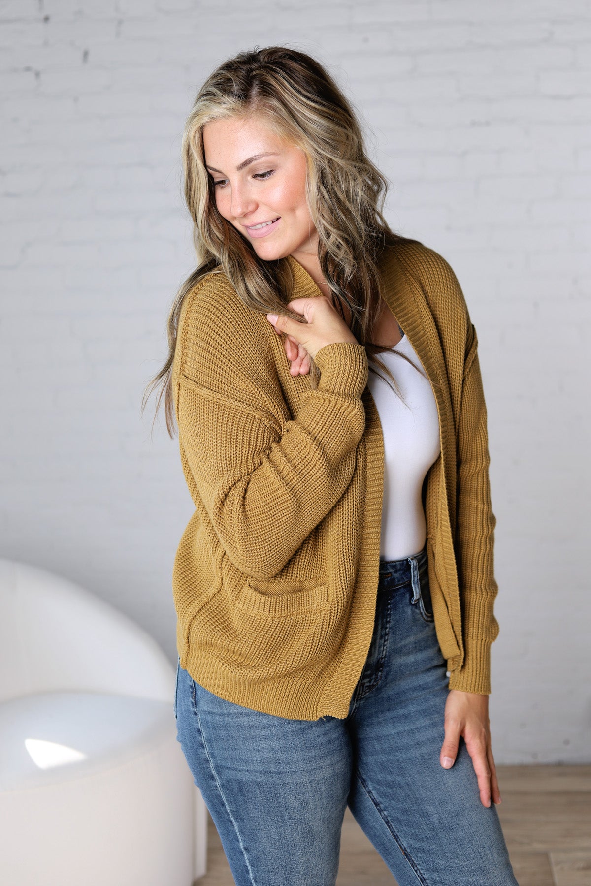 Sable Chunky Ribbed Knit Raw Seam Cardigan - Goldrod