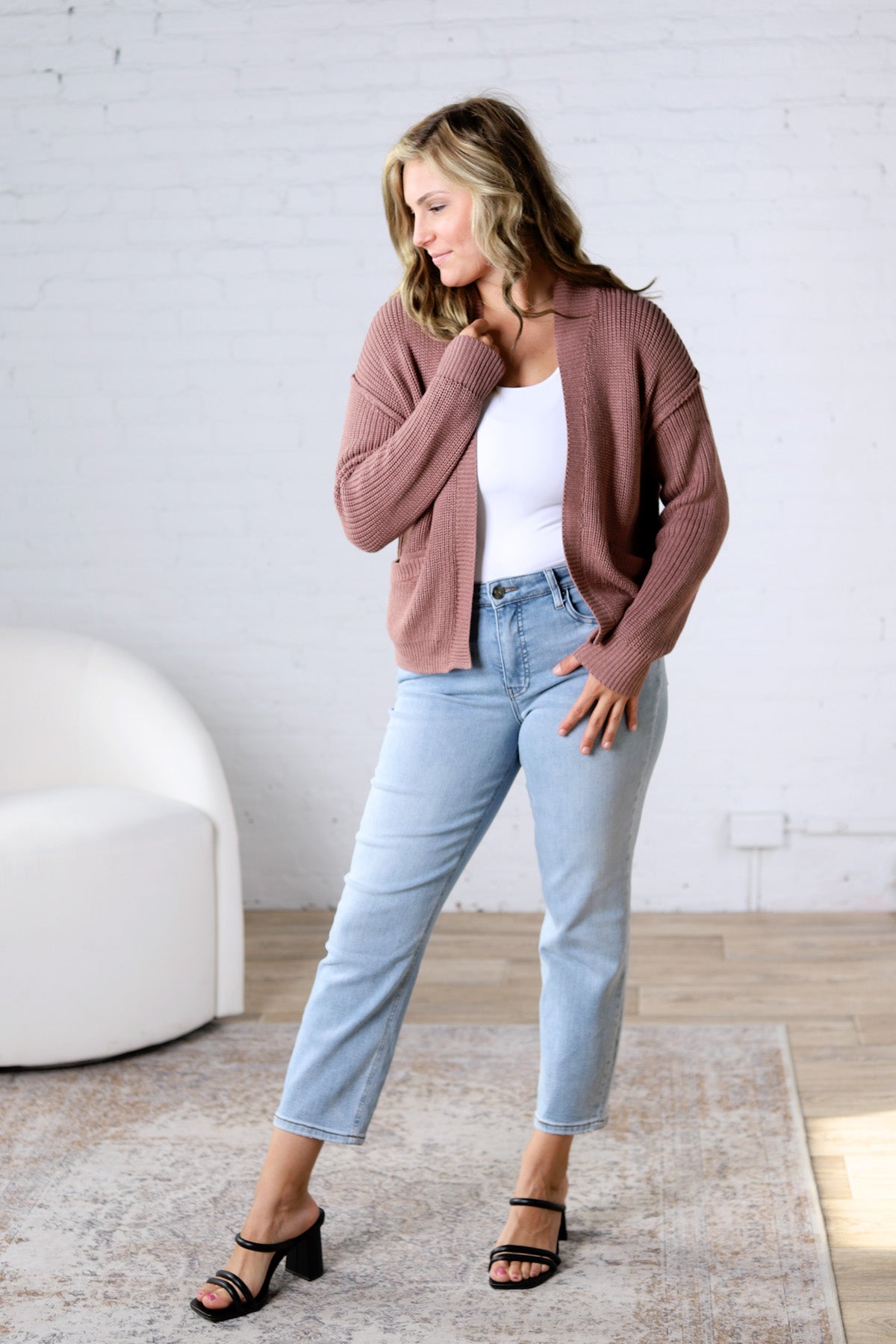 Sable Chunky Ribbed Knit Raw Seam Cardigan - Red Bean