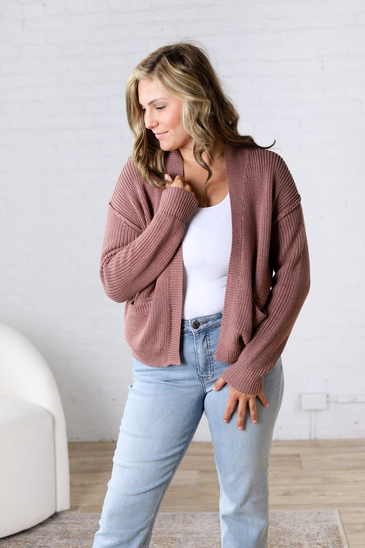 Sable Chunky Ribbed Knit Raw Seam Cardigan - Red Bean