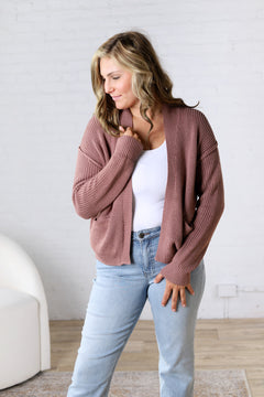 Sable Chunky Ribbed Knit Raw Seam Cardigan - Red Bean