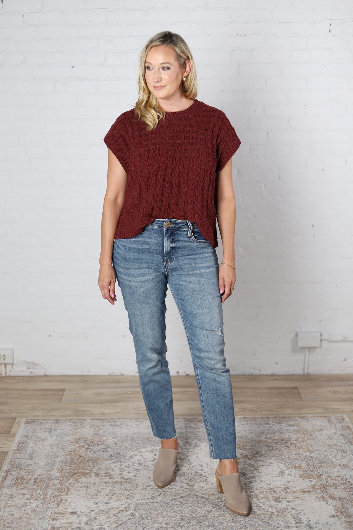 Sabyn Textured Boxy Sweater Top - Wine