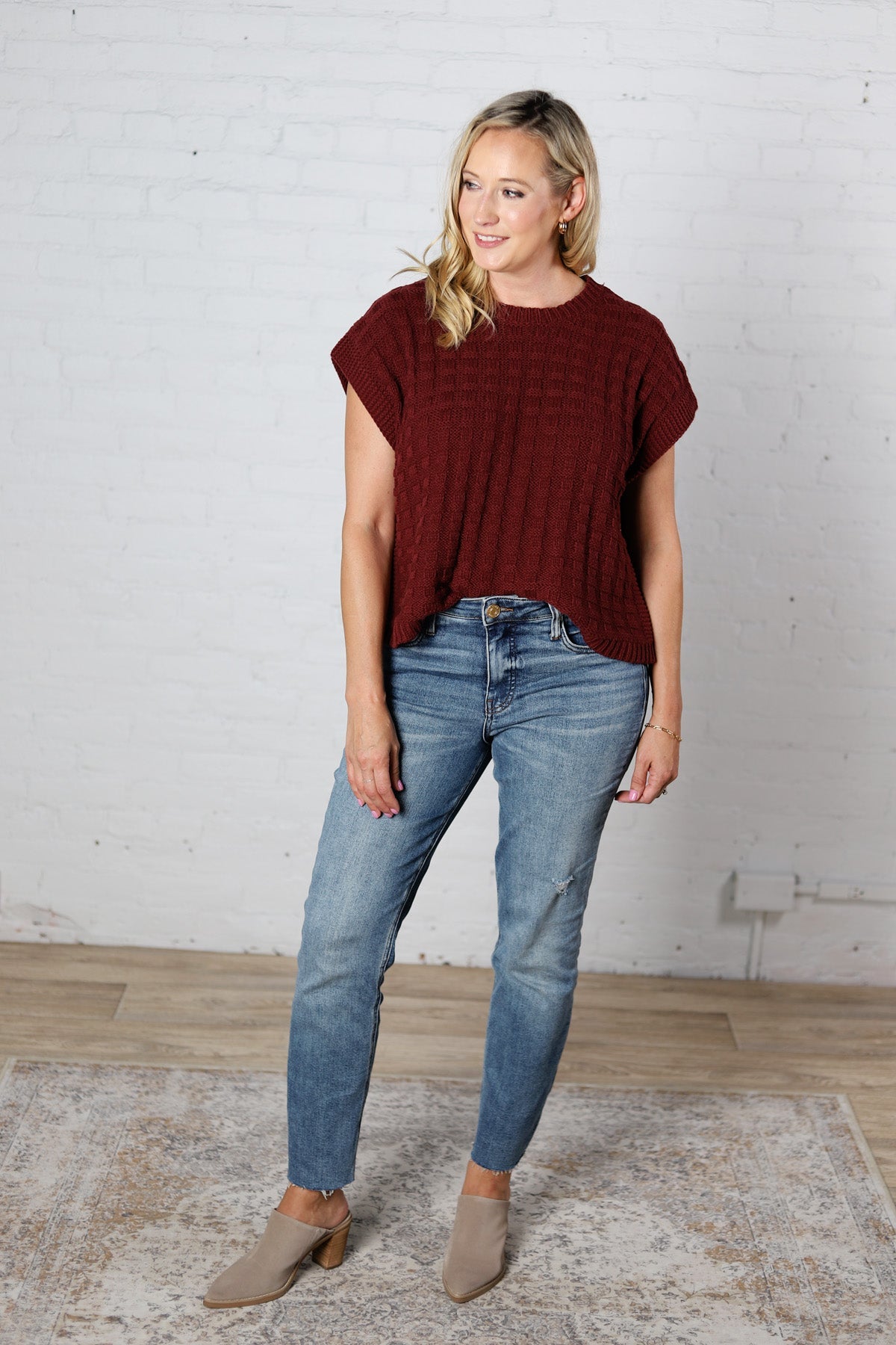 Sabyn Textured Boxy Sweater Top - Wine